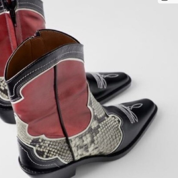 Zara Shoes - Zara Red, Black and Snake-Print Western Ankle Boots